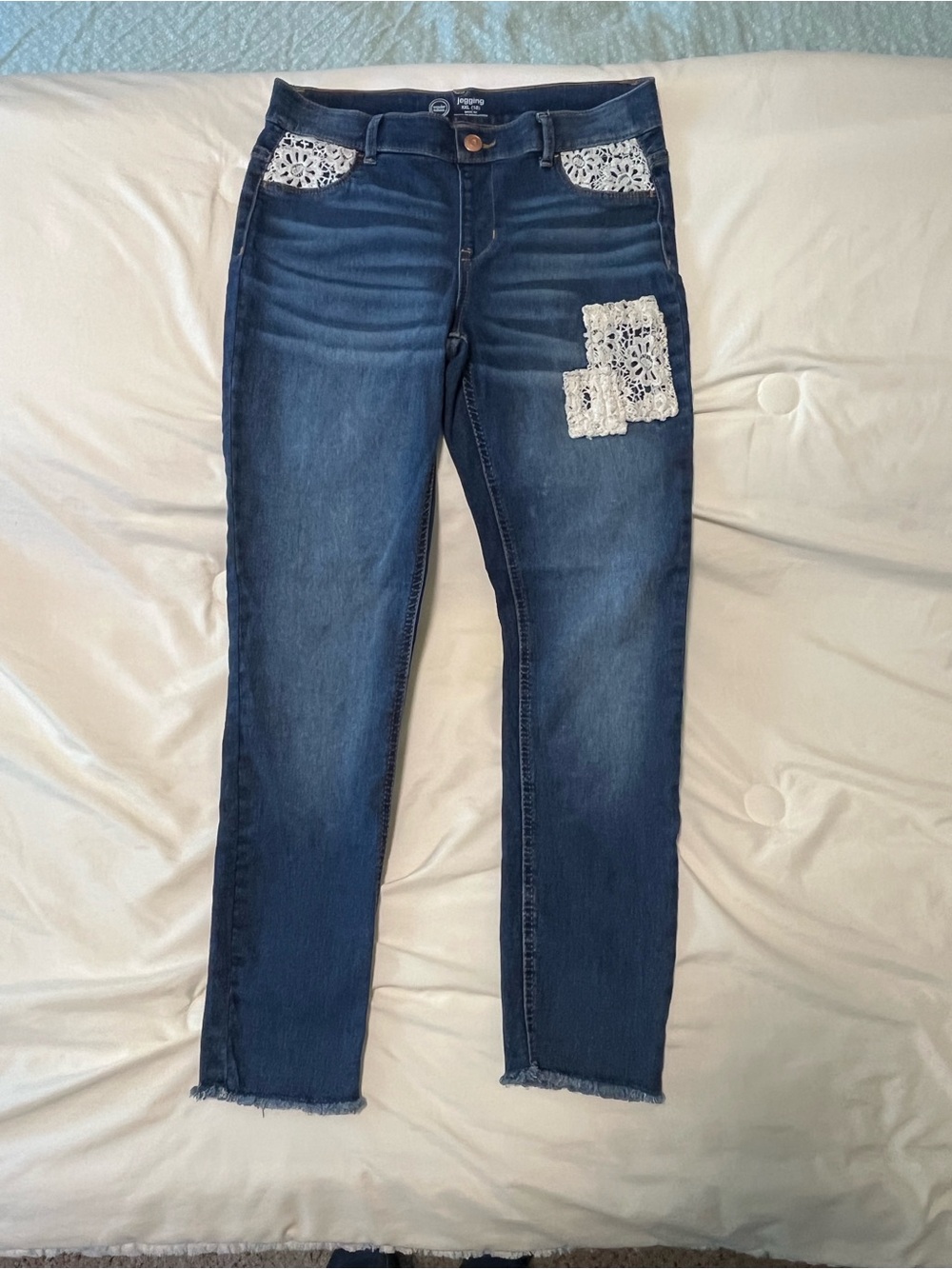 wonder nation Indigo Skinny Jeans with White Crochet Patches Size XXL 18